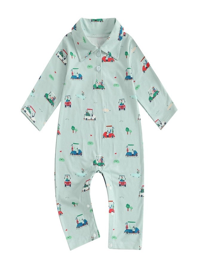 Thorn Tree Baby Boy Golf Outfit Golf Cart Print Romper Turn Down Collar Buttons Long Sleeve Infant Newborn Fall Clothes (Green, 0-3 Months) - Image 1