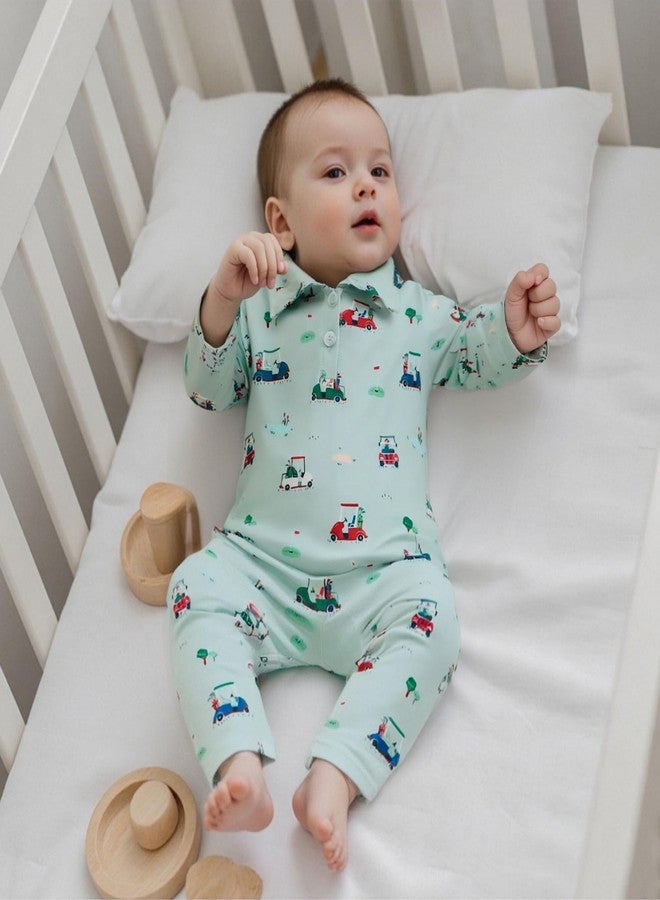 Thorn Tree Baby Boy Golf Outfit Golf Cart Print Romper Turn Down Collar Buttons Long Sleeve Infant Newborn Fall Clothes (Green, 0-3 Months) - Image 2