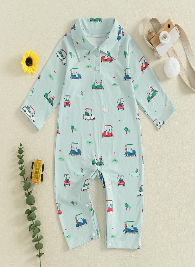 Thorn Tree Baby Boy Golf Outfit Golf Cart Print Romper Turn Down Collar Buttons Long Sleeve Infant Newborn Fall Clothes (Green, 0-3 Months) - Image 3