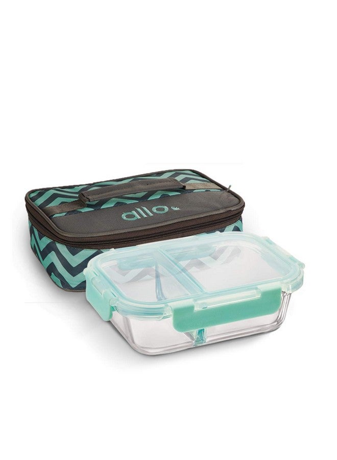 Allo FoodSafe Compartment Glass Lunch Box with Break Free Lock, Microwave Safe, Borosilicate Glass Container with Partition Divider, Office Tiffin with Chevrin Mint Bag, 1000ml, Rectangle - Image 2