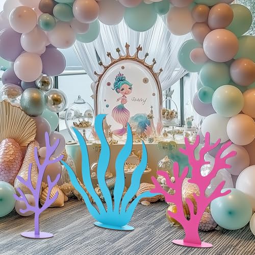 Amyhill 3 Pcs Large Under The Sea Mermaid Wooden Decoration Under The Sea Baby Shower Decorations Mermaid Tail Seashell Starfish Stand Decor Ocean Cutouts for Birthday Party Photography Props - Image 1