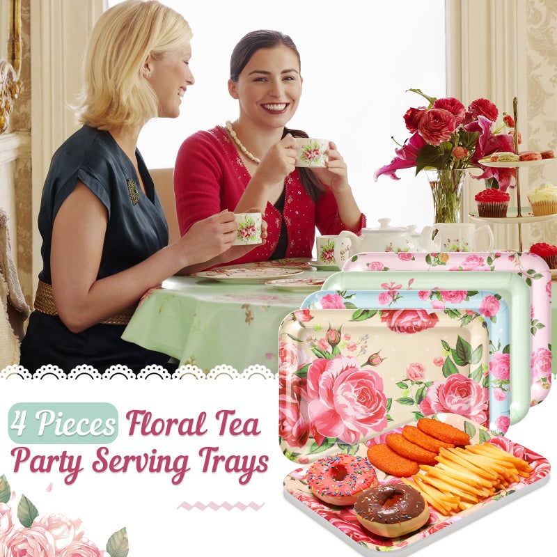 Tiangrid 4 Pcs Melamine Serving Trays Platters Snack Trays Reusable Rectangle Platters for Sports Game Day Flower Tea Party Food Dessert Cookies Serving Plates Supplies, 13 x 9.7 Inch(Flower) - Image 4
