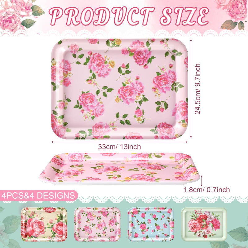 Tiangrid 4 Pcs Melamine Serving Trays Platters Snack Trays Reusable Rectangle Platters for Sports Game Day Flower Tea Party Food Dessert Cookies Serving Plates Supplies, 13 x 9.7 Inch(Flower) - Image 2