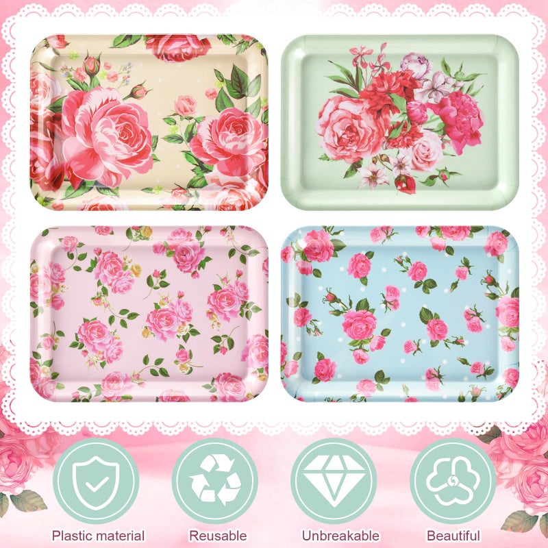 Tiangrid 4 Pcs Melamine Serving Trays Platters Snack Trays Reusable Rectangle Platters for Sports Game Day Flower Tea Party Food Dessert Cookies Serving Plates Supplies, 13 x 9.7 Inch(Flower) - Image 3