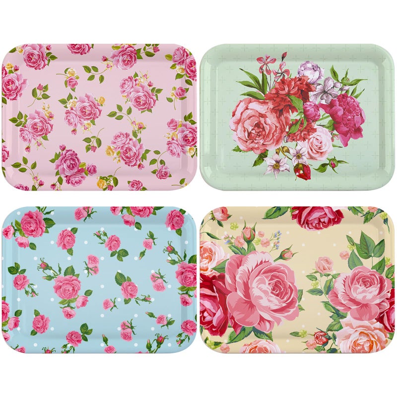 Tiangrid 4 Pcs Melamine Serving Trays Platters Snack Trays Reusable Rectangle Platters for Sports Game Day Flower Tea Party Food Dessert Cookies Serving Plates Supplies, 13 x 9.7 Inch(Flower) - Image 1