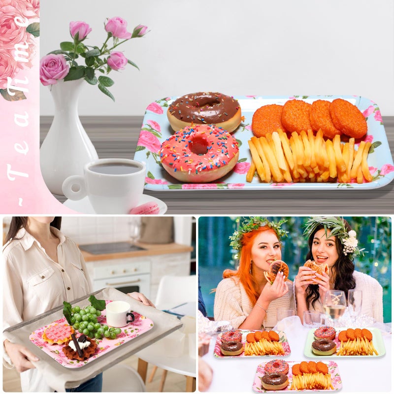 Tiangrid 4 Pcs Melamine Serving Trays Platters Snack Trays Reusable Rectangle Platters for Sports Game Day Flower Tea Party Food Dessert Cookies Serving Plates Supplies, 13 x 9.7 Inch(Flower) - Image 5