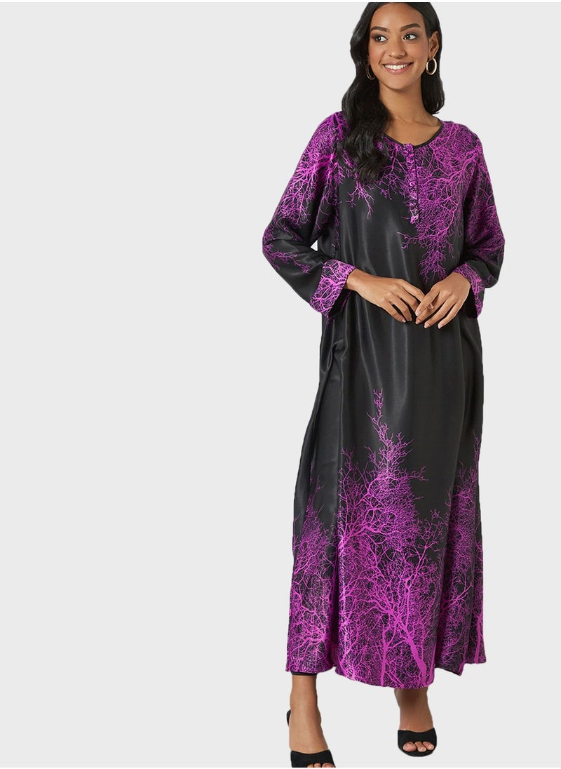 Coco Desert - Printed Button Placket Abaya Dress - Image 1