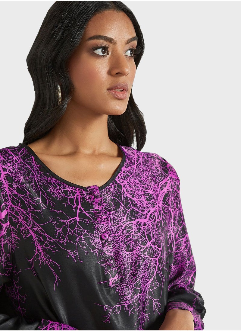 Coco Desert - Printed Button Placket Abaya Dress - Image 1