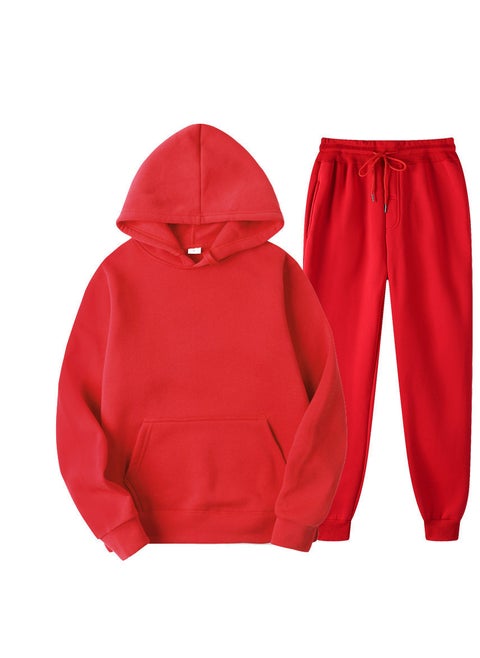 Spring New Glboard Solid Color Hooded Sweatshirt Casual Pants Fleece-Lined Pulloversuit Mens Sets Red