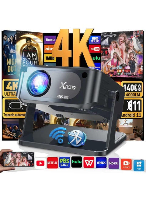 4k Projector, Xnano Android 14000lm Mini Projector Led Portable Smart Dual Wifi 6 Auto Keystone Correction 1080P Native BT 5.2 HI-FI Sound with Adjustable Stand