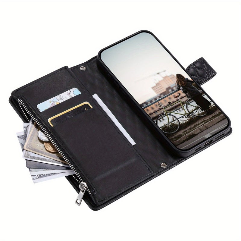 Black Wallet Phone Case Carbon Fiber Flip Cover Card Holder Stand Protective For Redmi Note 14 Pro Plus - Image 3