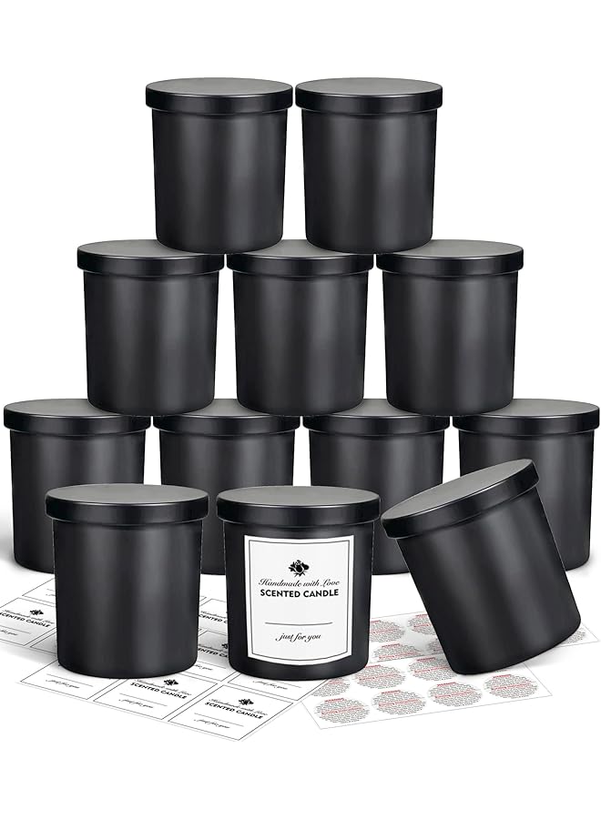 The Bros 12 Pack 10oz Glass Candle Jars with Lids and Sticky Labels, Empty Candle Jars for Making Candles Bulk Containers(Matte Black) - Image 1
