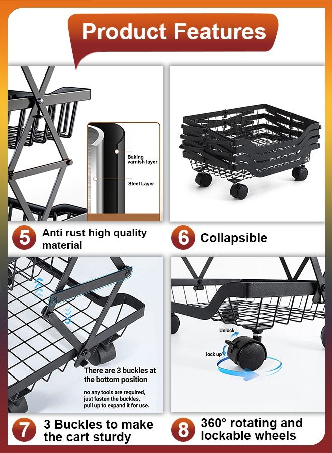 دي بلو 4 طبقات قابلة للطي سلة تخزين قابلة للطي طبقات خضروات فواكه تخزين عربة أدوات قابلة للطي قابلة للطي للمطبخ البصل والبطاطس وجبات خفيفة منظم مرآب الحمام مع عجلات وجبات خفيفة البطاطس البصل - Image 3