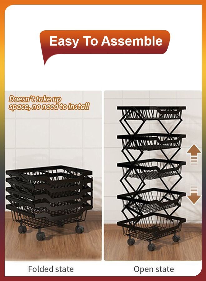 دي بلو 4 طبقات قابلة للطي سلة تخزين قابلة للطي طبقات خضروات فواكه تخزين عربة أدوات قابلة للطي قابلة للطي للمطبخ البصل والبطاطس وجبات خفيفة منظم مرآب الحمام مع عجلات وجبات خفيفة البطاطس البصل - Image 5