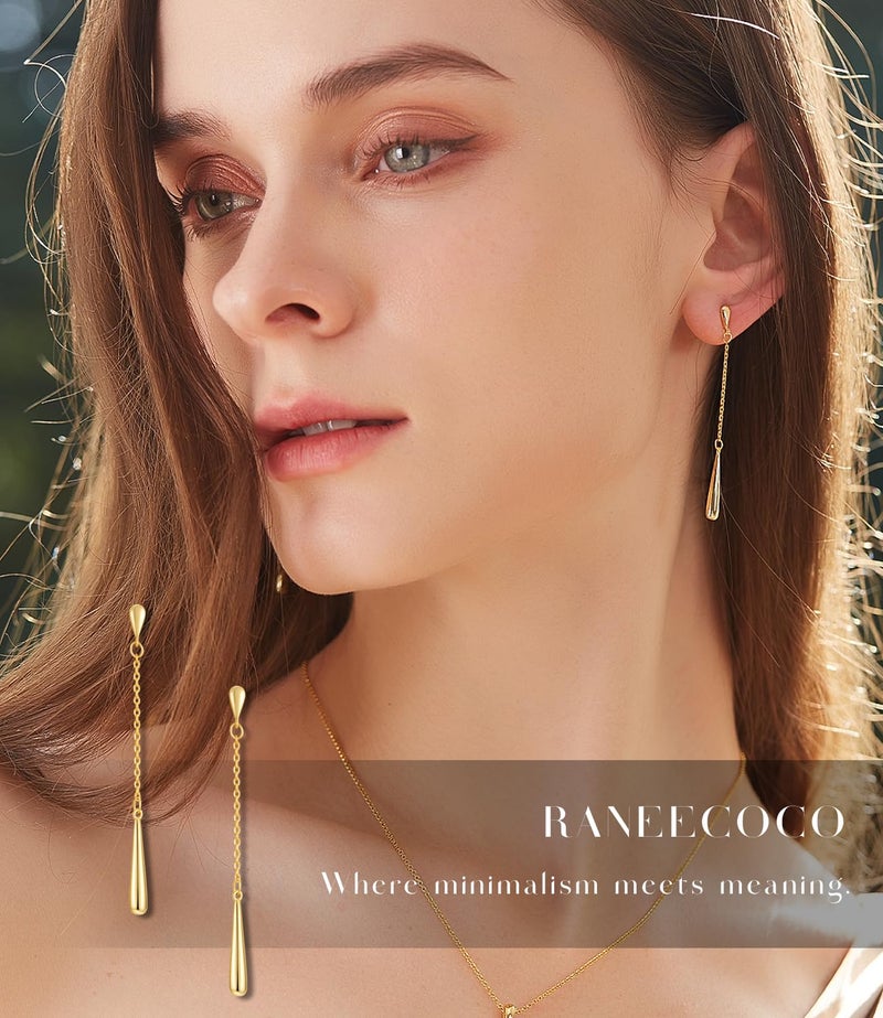 RANEECOCO 925 Sterling Silver Posts | 14K White Gold Plated Teardrop Dangle Earrings for Women | Hypoallergenic Long Chain Dainty Drop Earrings | Trendy Jewelry Gift in Box - Image 2