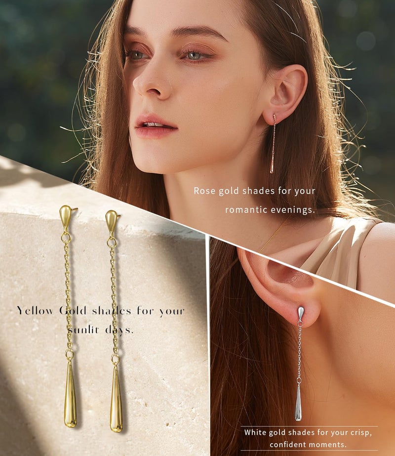 RANEECOCO 925 Sterling Silver Posts | 14K White Gold Plated Teardrop Dangle Earrings for Women | Hypoallergenic Long Chain Dainty Drop Earrings | Trendy Jewelry Gift in Box - Image 3