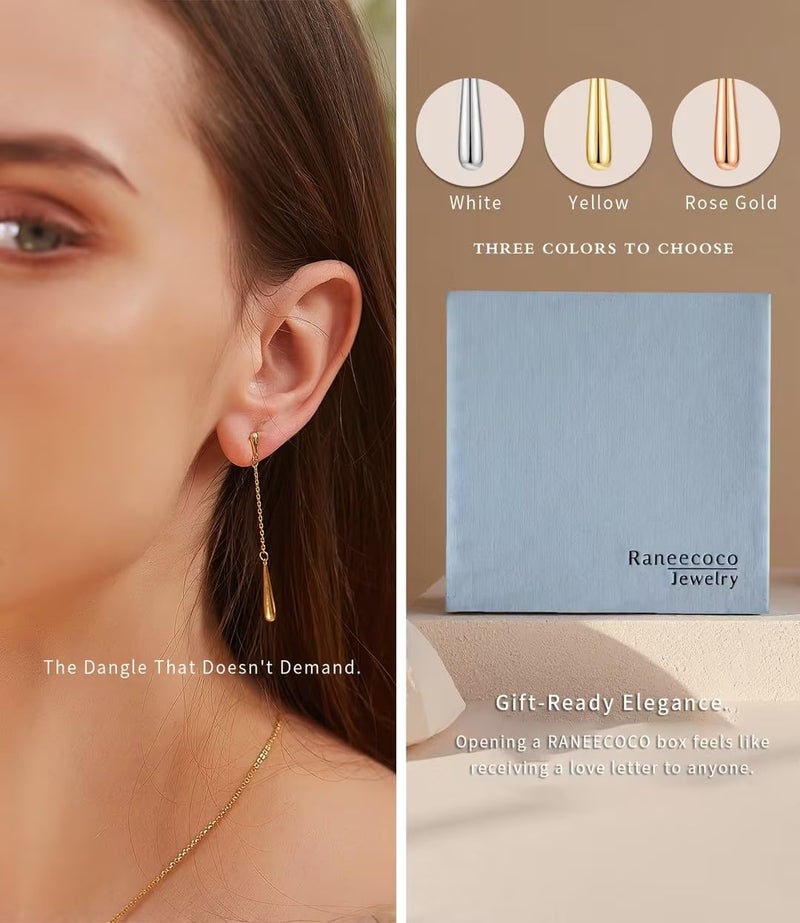 RANEECOCO 925 Sterling Silver Posts | 14K White Gold Plated Teardrop Dangle Earrings for Women | Hypoallergenic Long Chain Dainty Drop Earrings | Trendy Jewelry Gift in Box - Image 5