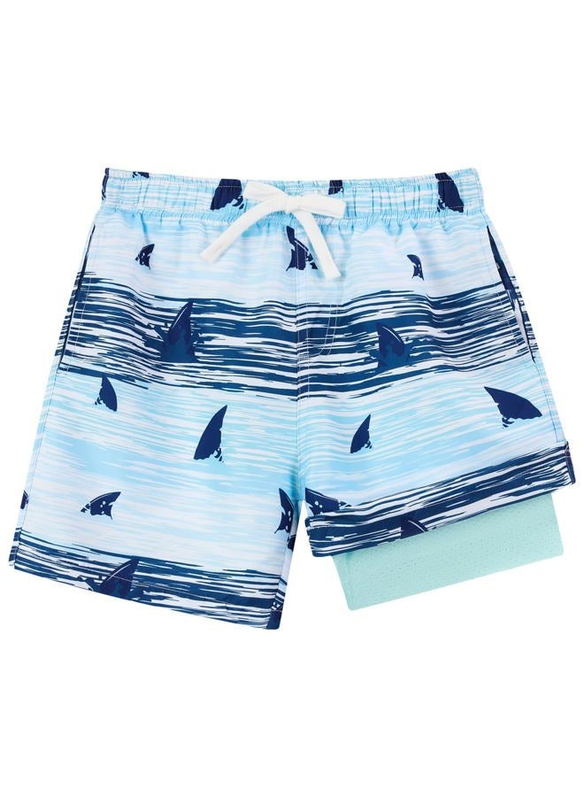westwolf Kid Board Shorts 8 9 Shark Green Boys Bathing Suit with Compression Liner Stripe Printed Boys Swim Shorts Size 8 9 with Pockets Swim Trunks Classical Summer Beach Shorts Clothes - Image 1