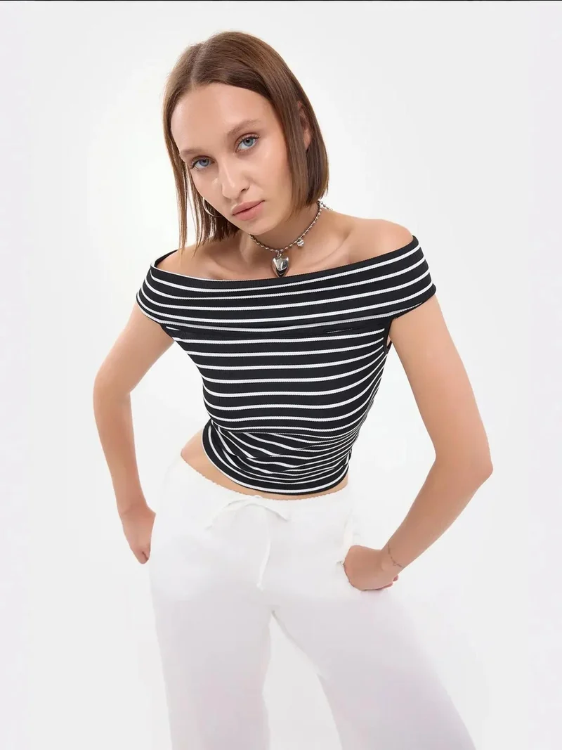 HICCUP Striped Off-Shoulder Top