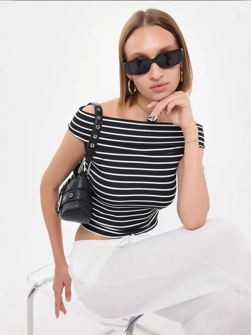 HICCUP Striped Off-Shoulder Top
