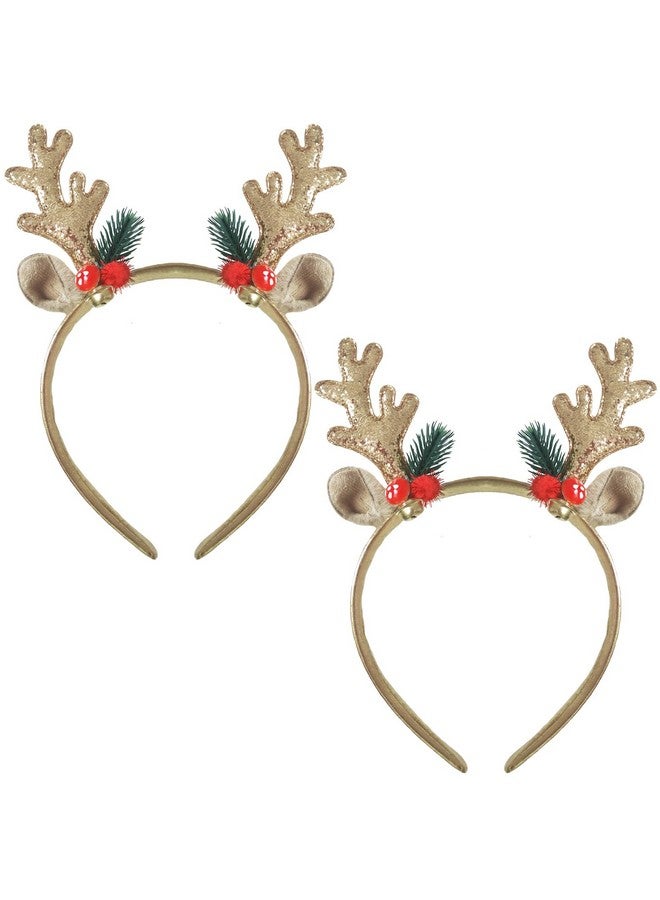 WLBON 2 Pcs Christmas Reindeer Antlers Headband Deer Antlers Ears Hair Hoops Bands Elk Horns Headpiece Hairband Women Xmas Tree Bells Cosplay Dress Up Halloween Wedding Holiday Birthday Party Accessories - Image 1