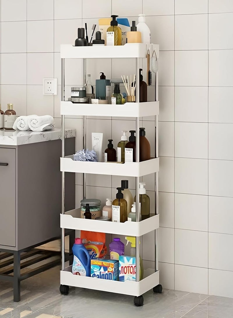 عربة تخزين بلاستيكية مكونة من 5 طبقات، رف حمام، عربة فوضى متدحرجة، رف تخزين معزز بعجلات للمكتب وغرفة المعيشة والمطبخ والحمام، رفوف تخزين باللون الأبيض
