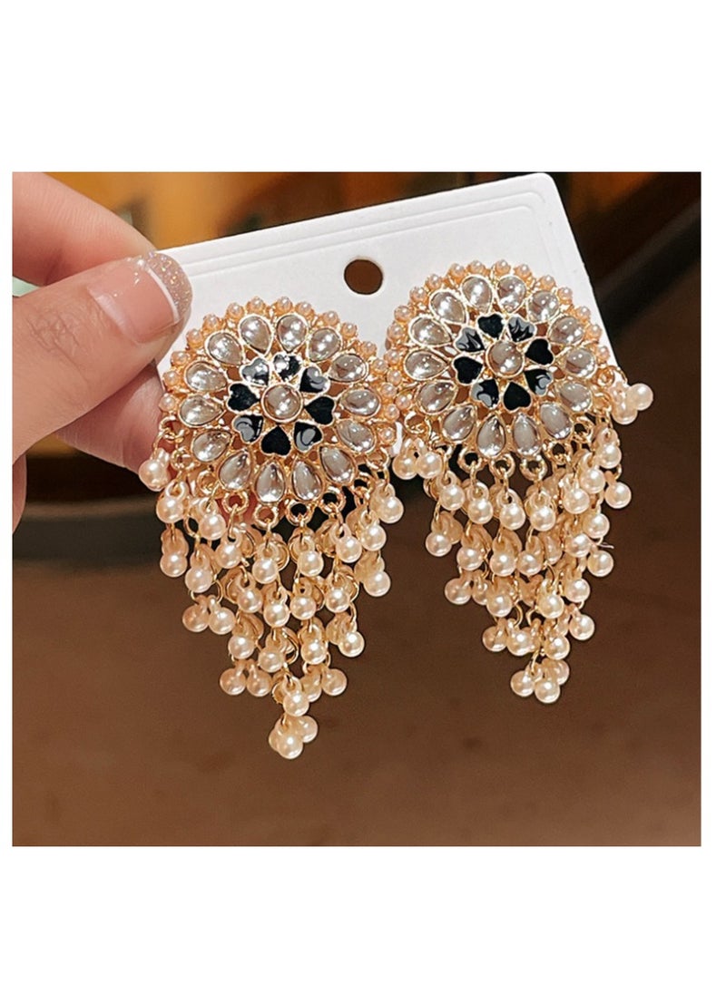 Generic 1 pair of silver needle retro diamond studded water droplet tassel earrings, Bohemian style earrings, personalized and creative  - Image 1