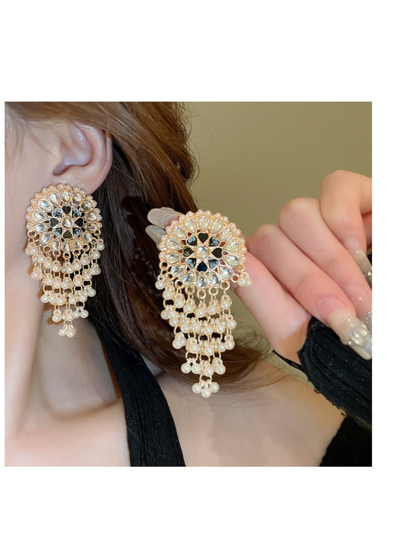 Generic 1 pair of silver needle retro diamond studded water droplet tassel earrings, Bohemian style earrings, personalized and creative  - Image 2