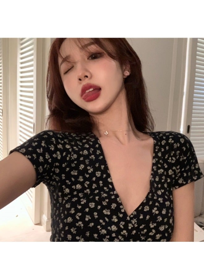 New Arrival Floral Short Navel Elegant Top Women's Summer Slim-fit Slimming V-neck Short-sleeved Korean Style Trendy T-shirt For Women