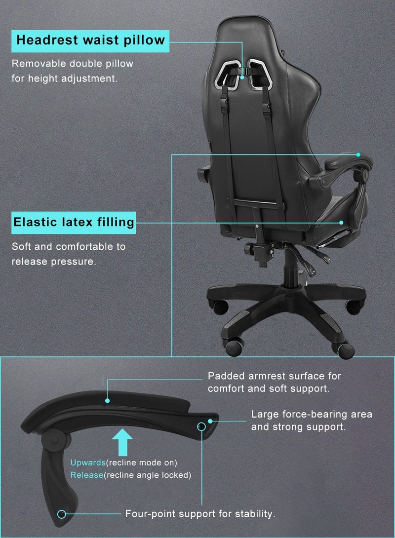 Gaming Chair High-Back Racing Style With Pu Leather Bucket Seat 360 Swivel,Ergonomic Computer Desk Chair for Office and Gaming with Headrest Back Comfort and Lumbar Support