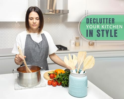 Comfify Wide Mouth Mason Jar Utensil Holder Decorative Kitchenware Organizer Crock, Dishwasher Safe - Kitchen Caddy Aqua Blue for Countertop, Large Size 7" Hight - Image 4