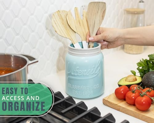 Comfify Wide Mouth Mason Jar Utensil Holder Decorative Kitchenware Organizer Crock, Dishwasher Safe - Kitchen Caddy Aqua Blue for Countertop, Large Size 7" Hight - Image 5