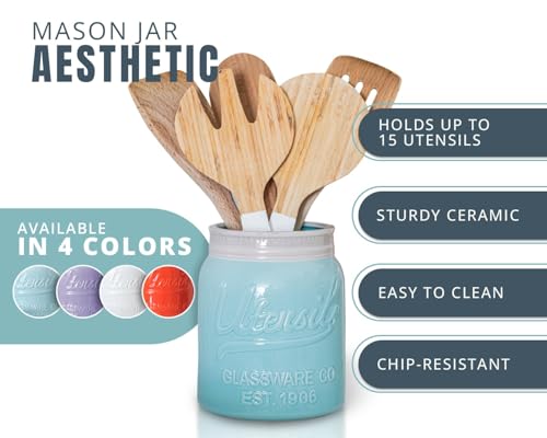 Comfify Wide Mouth Mason Jar Utensil Holder Decorative Kitchenware Organizer Crock, Dishwasher Safe - Kitchen Caddy Aqua Blue for Countertop, Large Size 7" Hight - Image 2