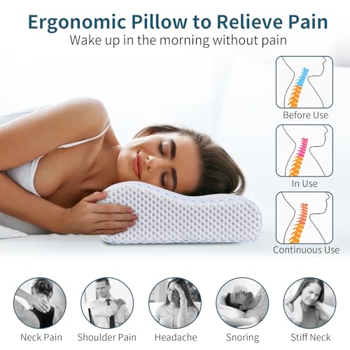 Polovo Memory Foam Pillows Neck Pillow for Pain Relief, Ergonomic Cervical Pillow Neck Shoulder Support Bed Pillow for Side Back Stomach Sleeper, Orthopedic Contour Pillow for Sleeping(Blue&White) - Image 4