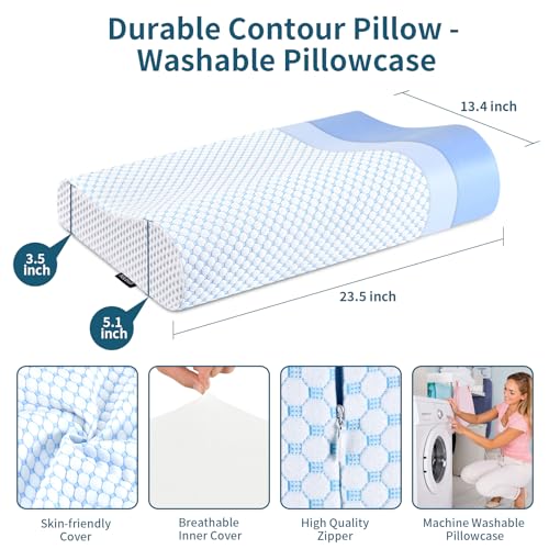 Polovo Memory Foam Pillows Neck Pillow for Pain Relief, Ergonomic Cervical Pillow Neck Shoulder Support Bed Pillow for Side Back Stomach Sleeper, Orthopedic Contour Pillow for Sleeping(Blue&White) - Image 5