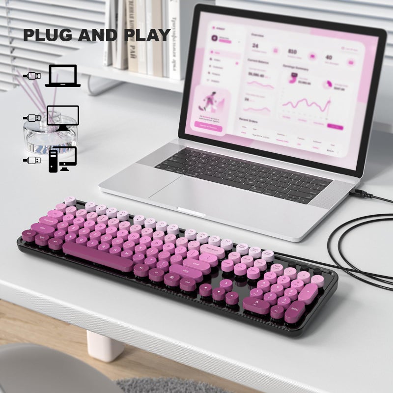 MOWUX Computer Keyboard Wired, Plug and Play USB Retro Round Typewriter Keyboard, Full Size Wired Keyboard with Foldable Stands for Laptop and Office PC- Black Pink Gradient - Image 2