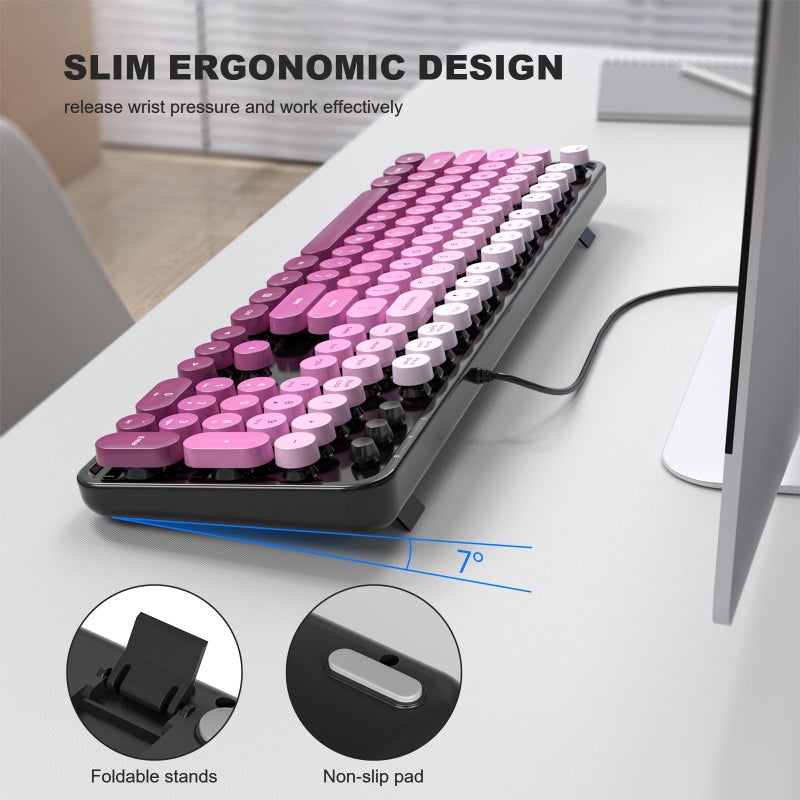 MOWUX Computer Keyboard Wired, Plug and Play USB Retro Round Typewriter Keyboard, Full Size Wired Keyboard with Foldable Stands for Laptop and Office PC- Black Pink Gradient - Image 4