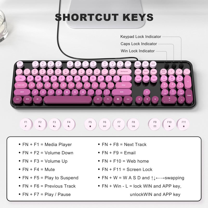 MOWUX Computer Keyboard Wired, Plug and Play USB Retro Round Typewriter Keyboard, Full Size Wired Keyboard with Foldable Stands for Laptop and Office PC- Black Pink Gradient - Image 3
