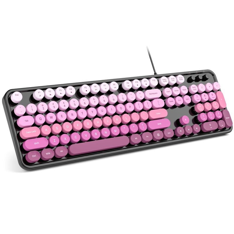 MOWUX Computer Keyboard Wired, Plug and Play USB Retro Round Typewriter Keyboard, Full Size Wired Keyboard with Foldable Stands for Laptop and Office PC- Black Pink Gradient - Image 1