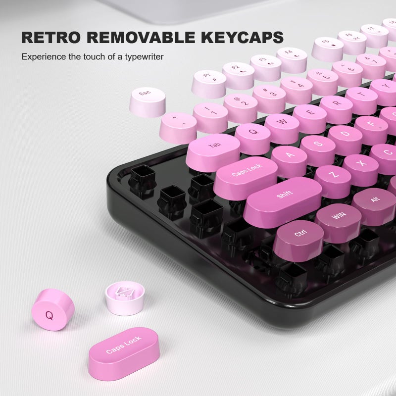 MOWUX Computer Keyboard Wired, Plug and Play USB Retro Round Typewriter Keyboard, Full Size Wired Keyboard with Foldable Stands for Laptop and Office PC- Black Pink Gradient - Image 5