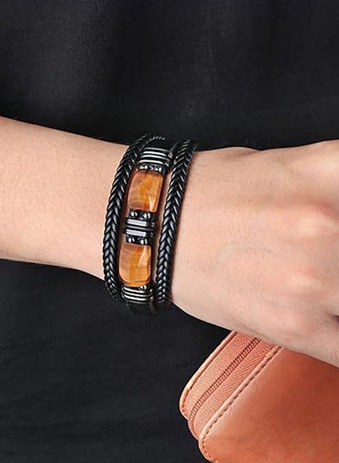 Men's bracelet tiger eye stone multi-layer rope leather bracelet stone bracelet magnet buckle bracelet （length 22.5cm） - Image 4