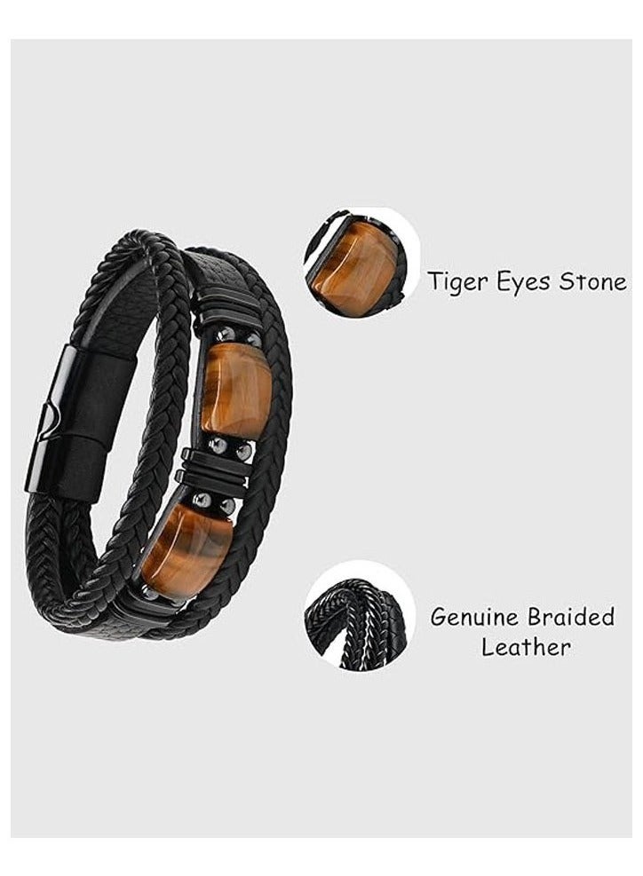 Men's bracelet tiger eye stone multi-layer rope leather bracelet stone bracelet magnet buckle bracelet （length 22.5cm） - Image 2