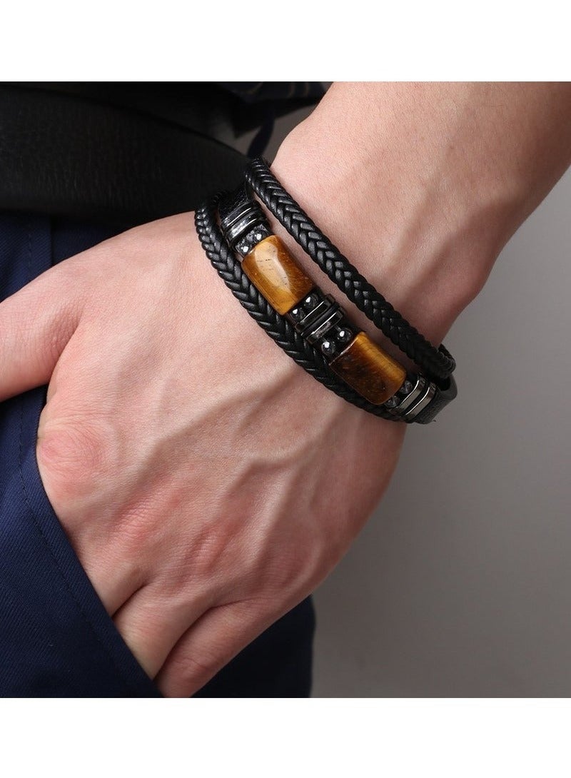 Men's bracelet tiger eye stone multi-layer rope leather bracelet stone bracelet magnet buckle bracelet （length 22.5cm） - Image 1