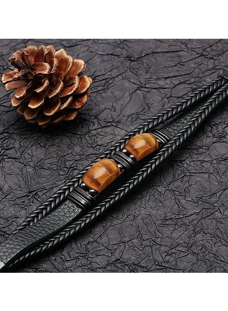 Men's bracelet tiger eye stone multi-layer rope leather bracelet stone bracelet magnet buckle bracelet （length 22.5cm） - Image 5
