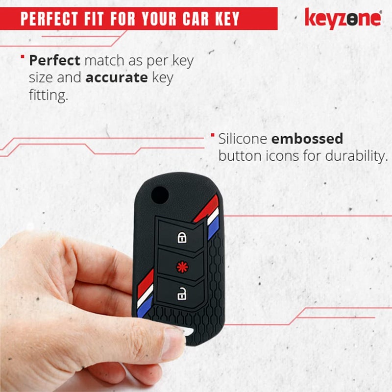 Keyzone® Striped Silicone Key Cover and Keychain Compatible for Mahindra Thar Roxx, Xuv 3XO, Scorpio-N, Xuv700, Thar,Xuv400, Xuv300, Bolero NEO, Marazzo, 3 Button Flip(Black with Black Striped KH) - Image 3