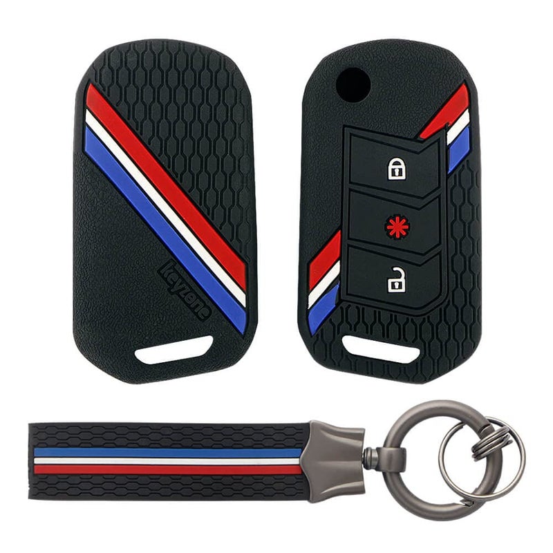 Keyzone® Striped Silicone Key Cover and Keychain Compatible for Mahindra Thar Roxx, Xuv 3XO, Scorpio-N, Xuv700, Thar,Xuv400, Xuv300, Bolero NEO, Marazzo, 3 Button Flip(Black with Black Striped KH) - Image 1