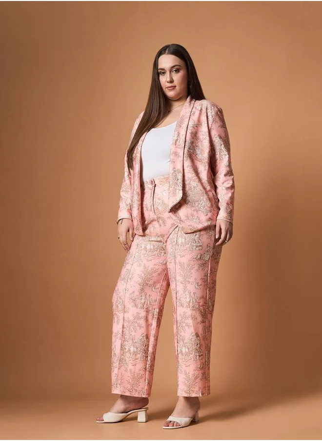 SASSAFRAS Plus Size Floral Print Shawl Collar Blazer and Straight Pants Set by Styli