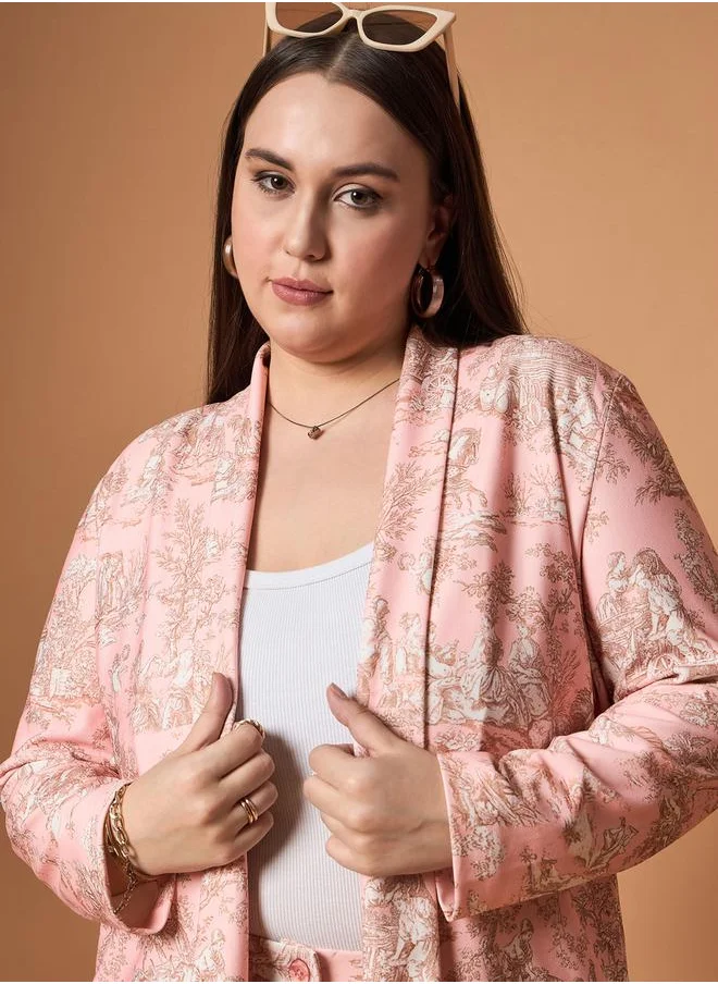 SASSAFRAS Plus Size Floral Print Shawl Collar Blazer and Straight Pants Set by Styli