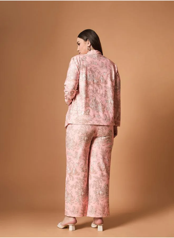 SASSAFRAS Plus Size Floral Print Shawl Collar Blazer and Straight Pants Set by Styli