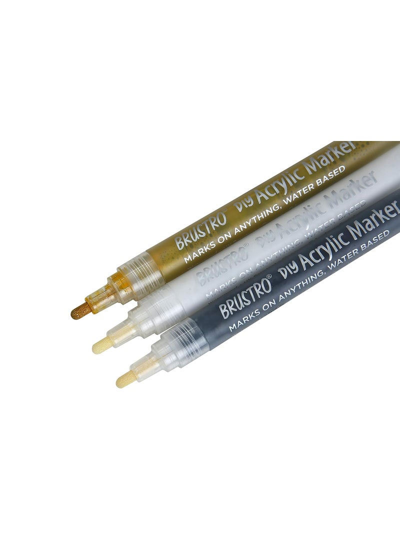BRUSTRO - BRUSTRO Acrylic (DIY) Marker Set of 3 - Black, White & Gold |Tip Size - 2mm, Water-resistant,Matte Finish,UV resistant,Non-toxic Colours|Ideal for Craftworks, Works on Glass & Plastic, School Projects - Image 1